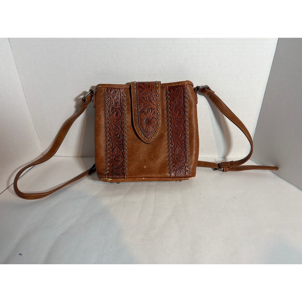 Trinity Ranch Montana West Brown Tooled Floral Crossbody Bag Western Whipstitch